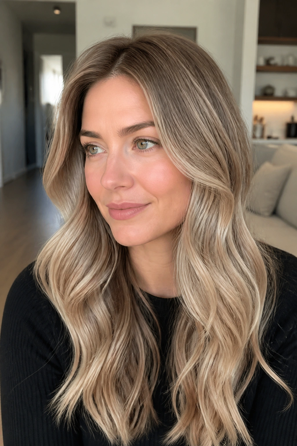 Close-up portrait of a real woman with mushroom brown root and blonde hair