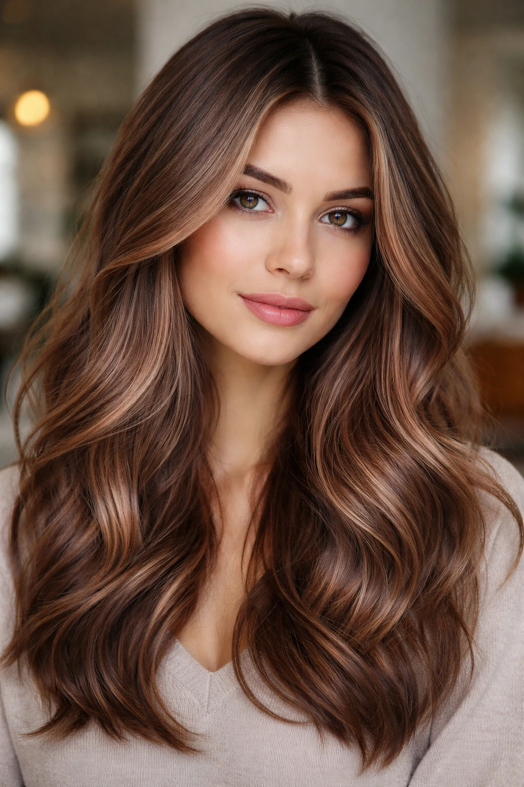 Close-up headshot of mushroom brown hair with rose gold veils