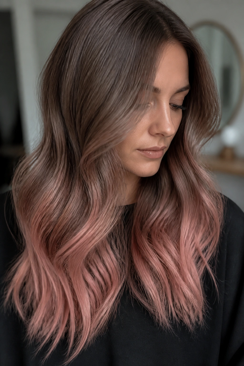 Close-up portrait of a real woman with mushroom brown hair blending into rose quartz pink