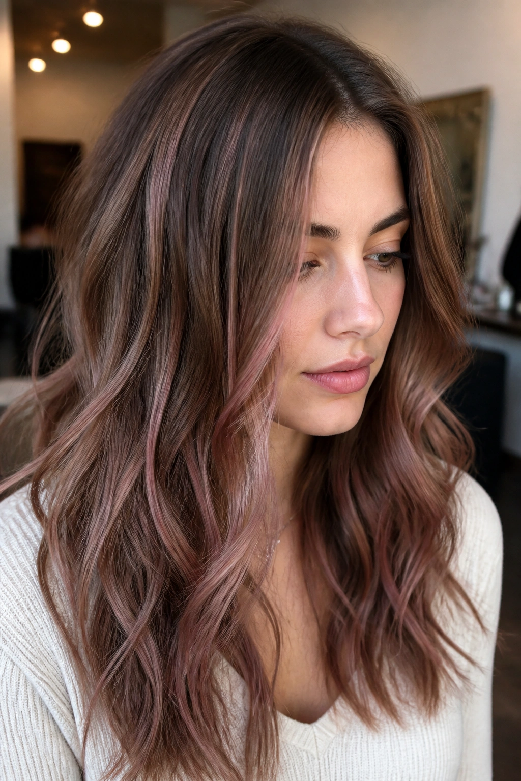Close-up of mushroom brown hair with rosy ribbons