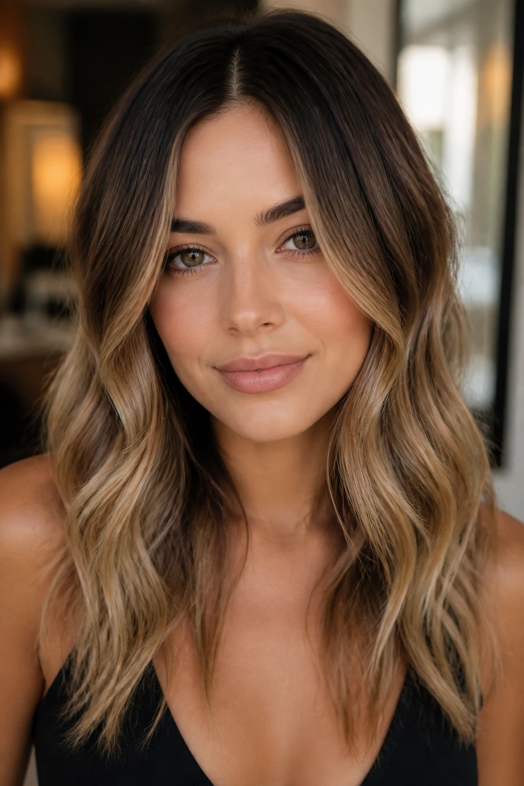 Close-up of a woman with mushroom brown hair and sandy blonde ends.