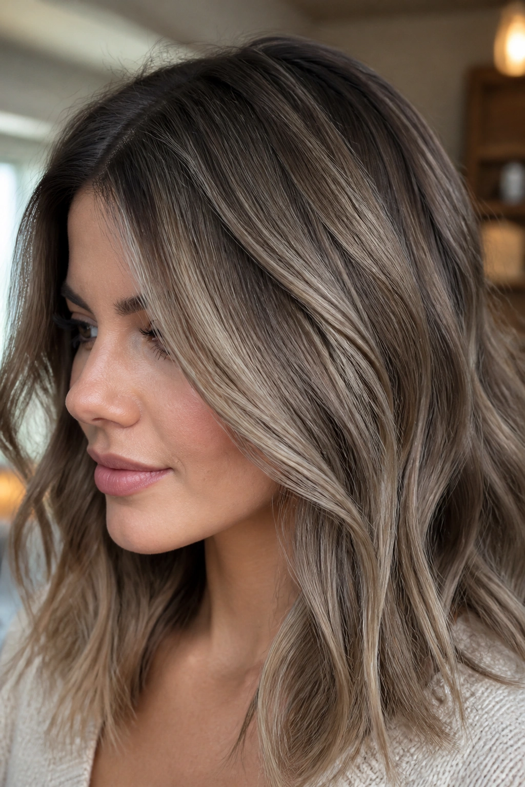 Close-up of mushroom brown hair with sandy accents on a real person, natural lighting