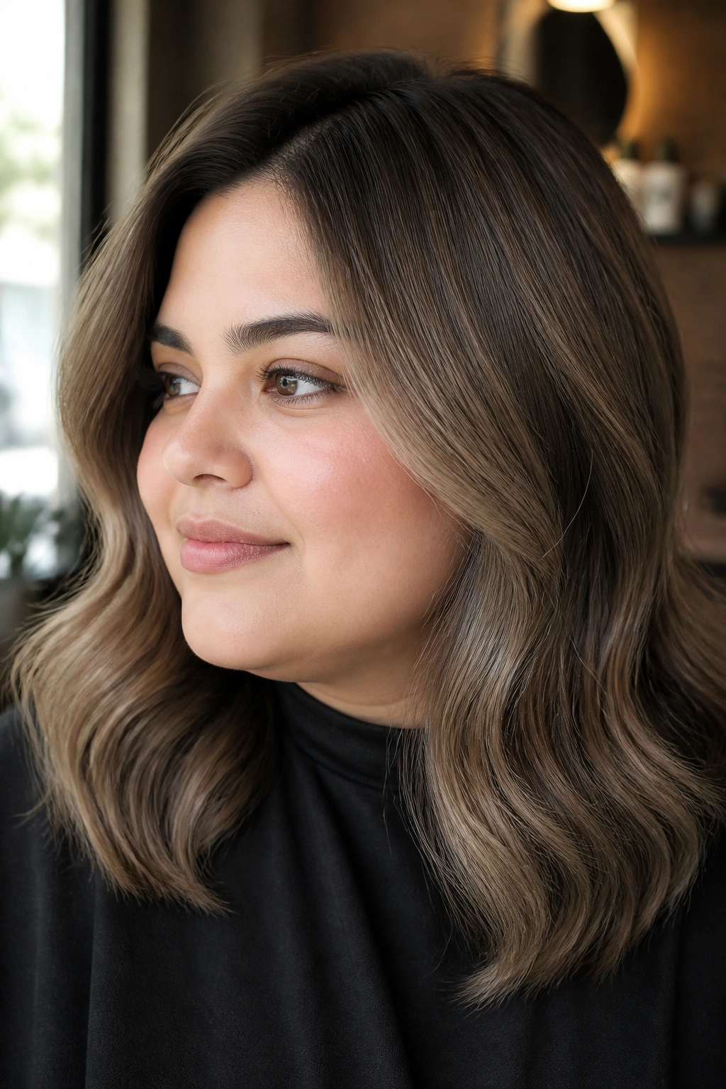 Close-up of a real woman's mushroom brown hair with a soft root shadow.