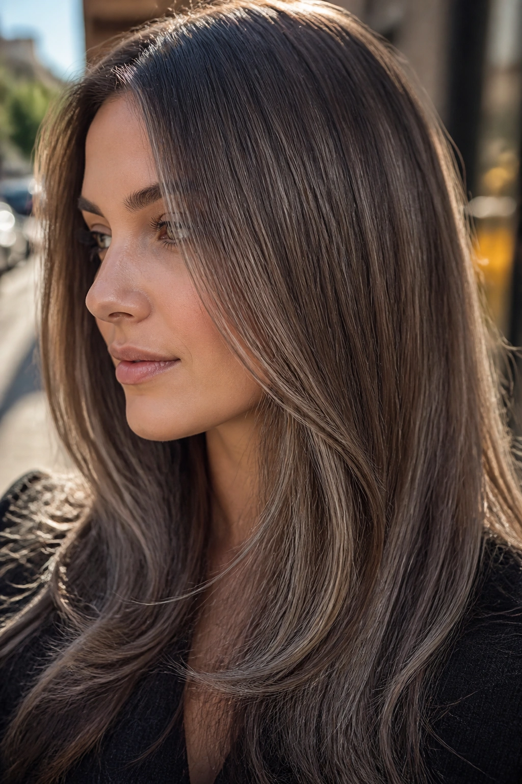 Close-up of a real woman with mushroom brown hair and fine silver babylights