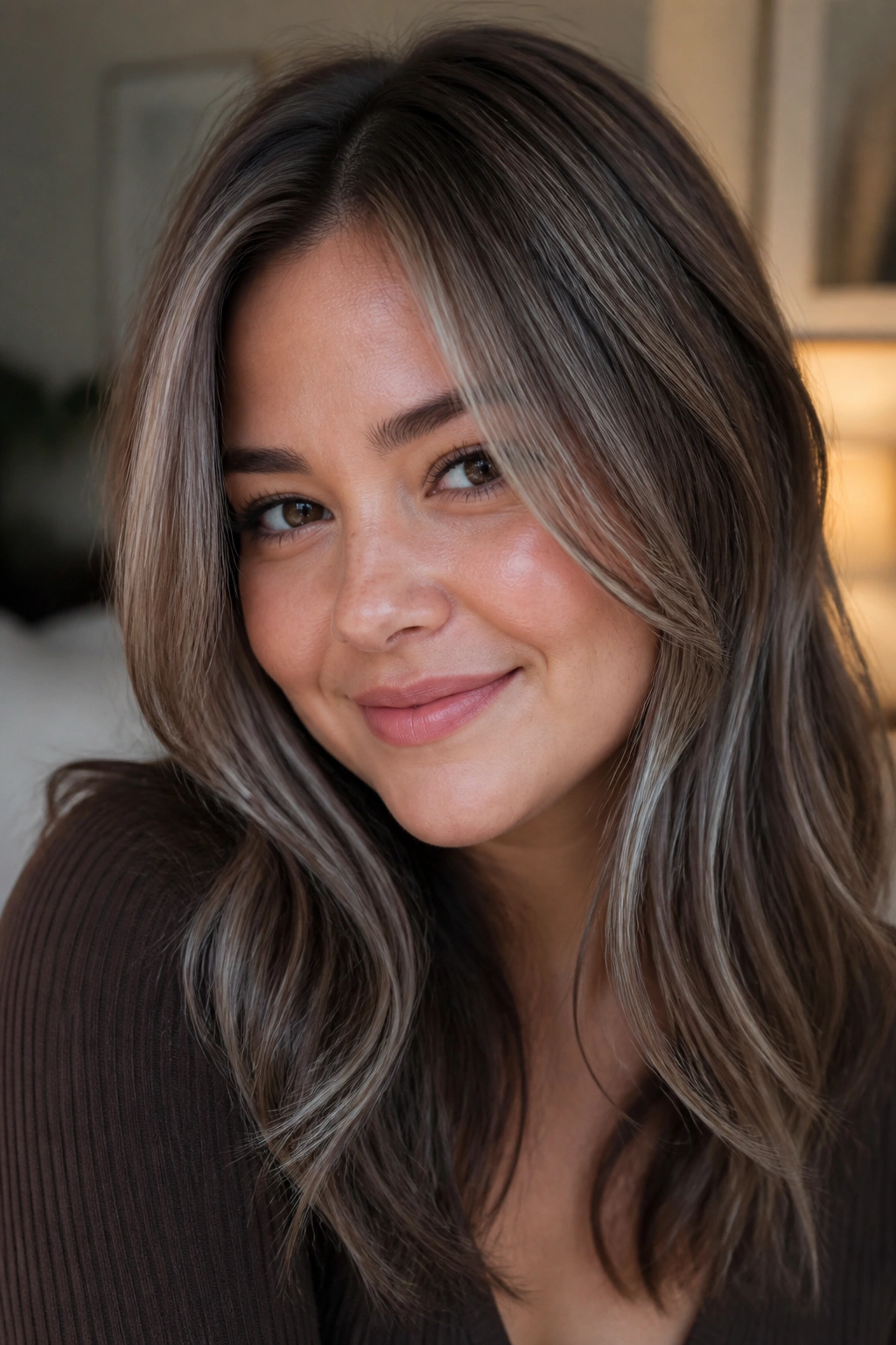 Close-up portrait of a woman with mushroom brown hair and whisper-silver babylights around the crown