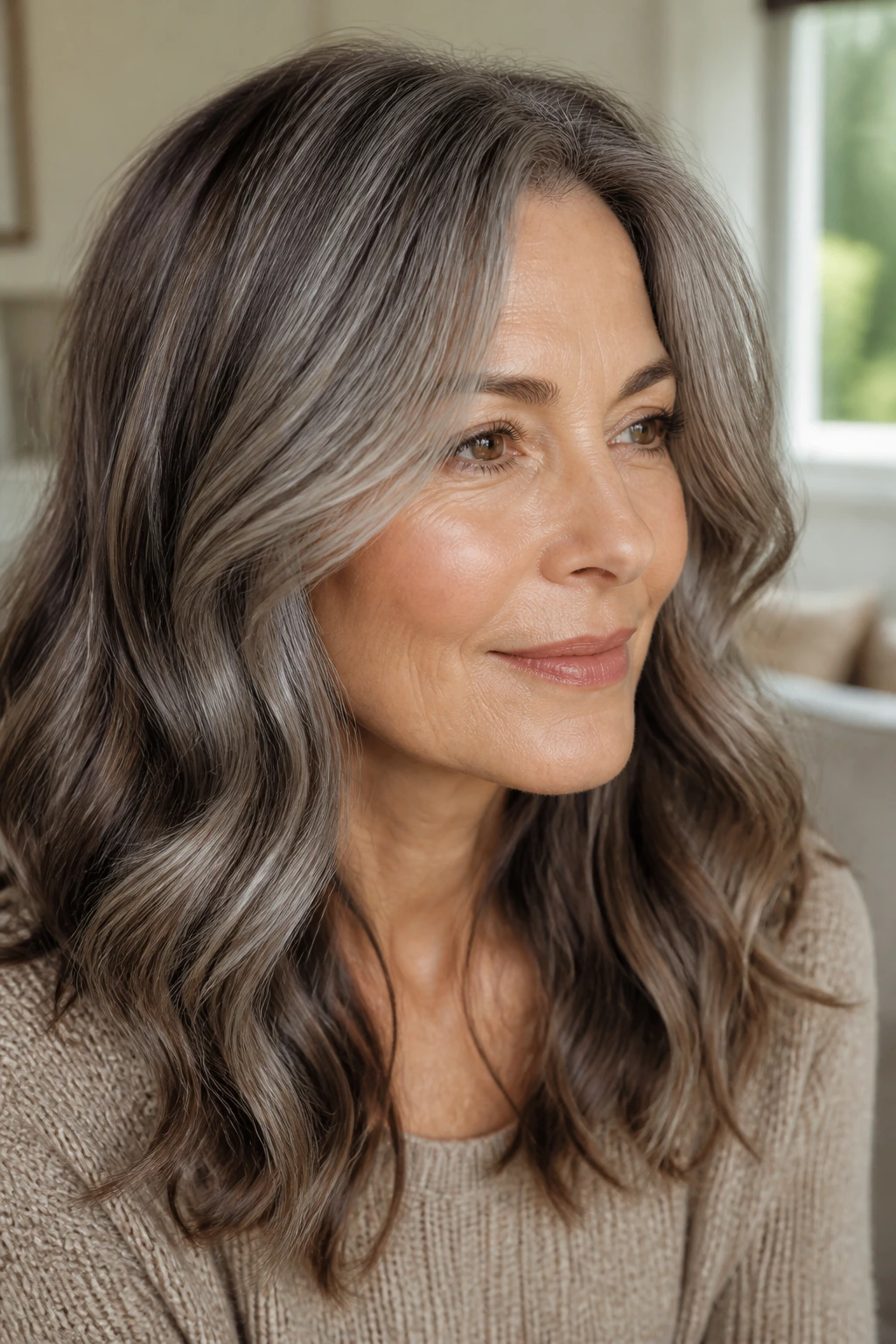 Real woman with mushroom brown base and silver gloss highlights