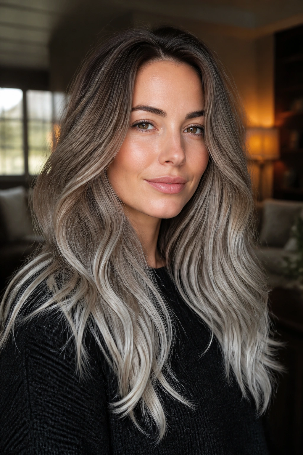 Close-up of a real woman with mushroom brown to silver ombre on long hair