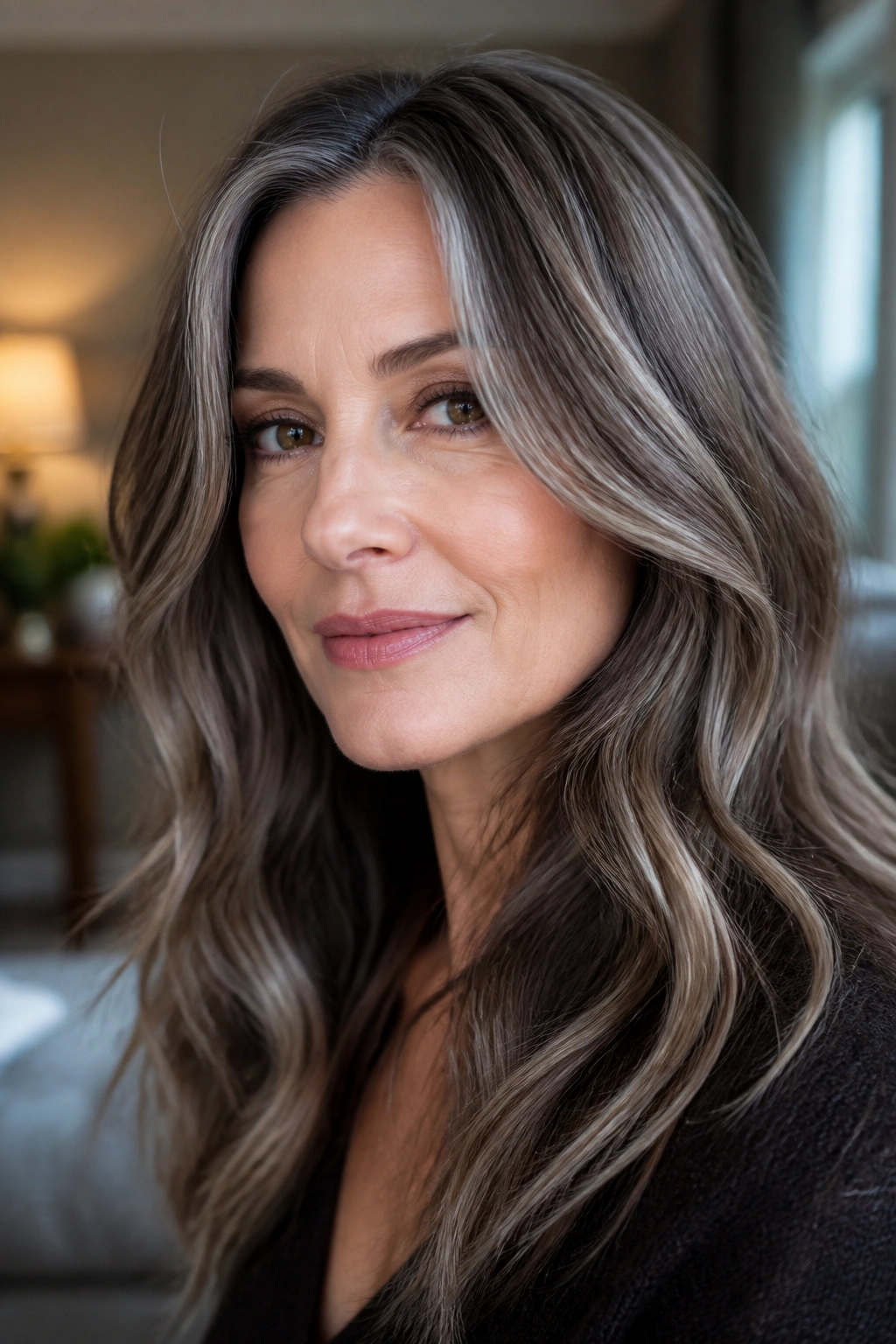 Close-up of a real woman with mushroom brown hair and silver ribbons.
