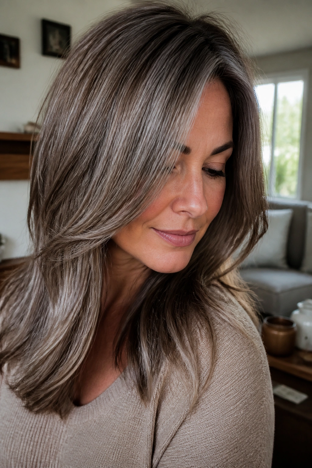 Close-up of a real woman with mushroom brown base and silver veil