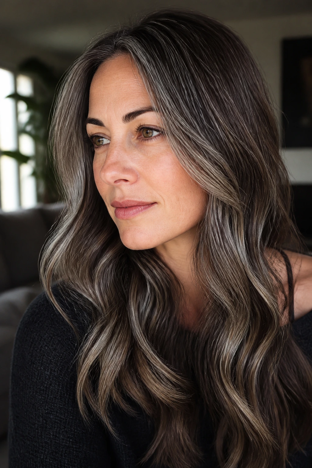 Close-up portrait of woman with mushroom brown hair and silver veining.