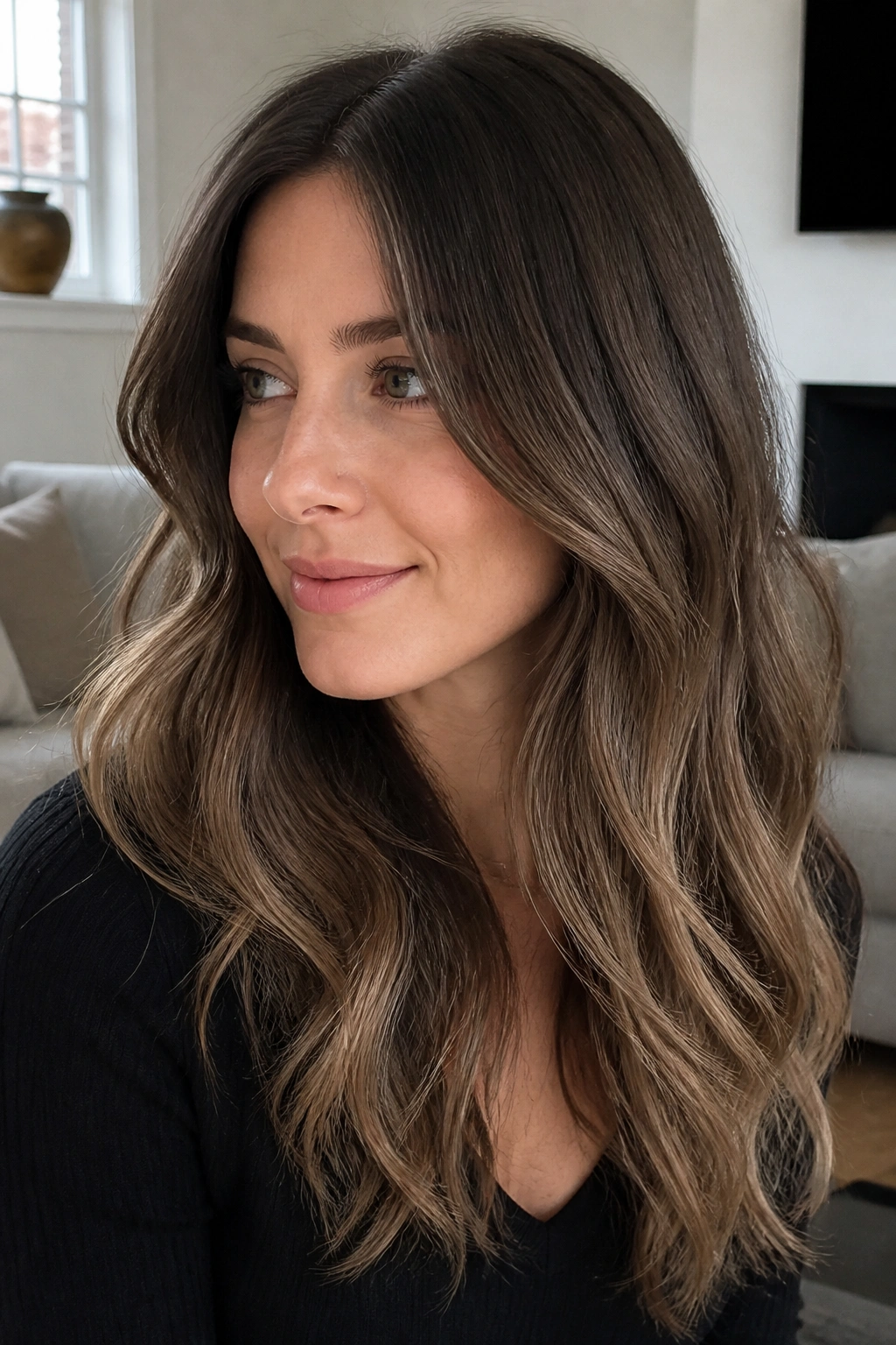 Close-up portrait of a real woman with mushroom brown base and smoked caramel ends
