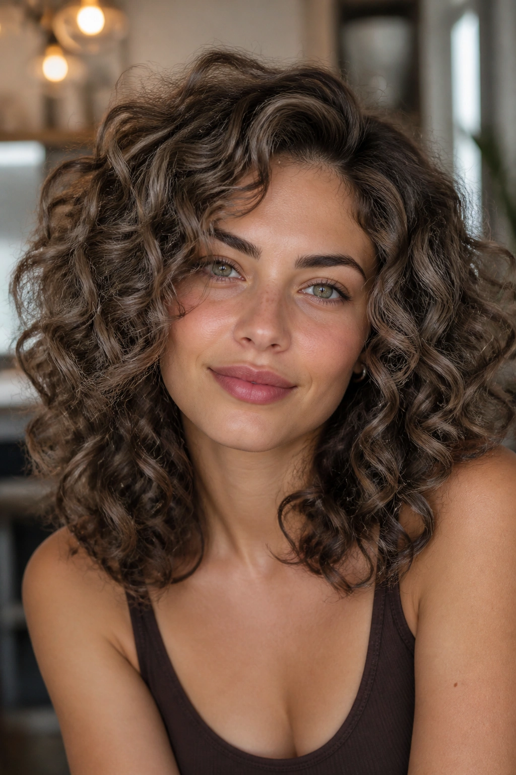 Close-up portrait of a real woman with mushroom brown hair and smoky lowlights