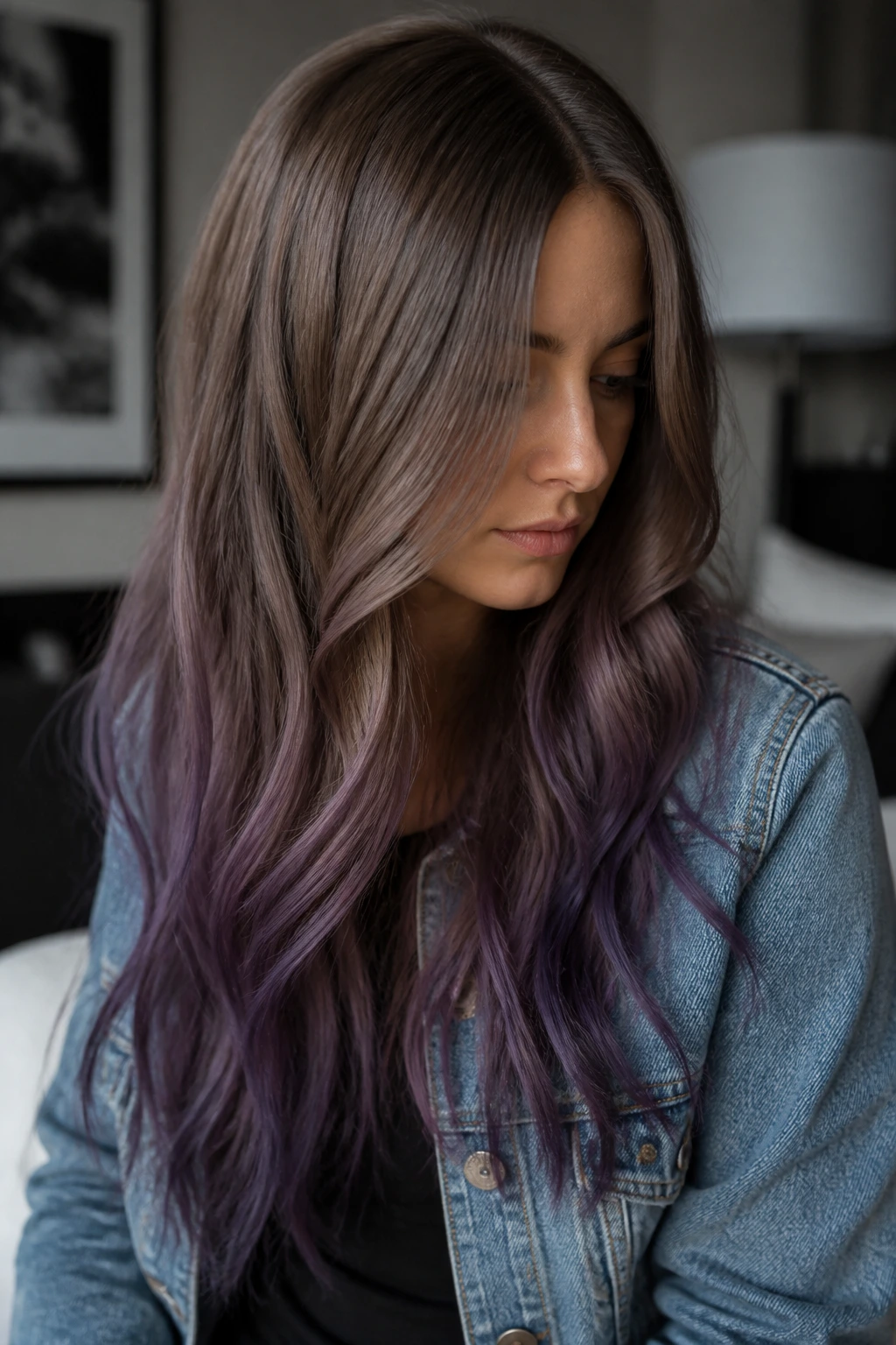 Medium-close portrait of a real person with mushroom brown to smoky purple hair