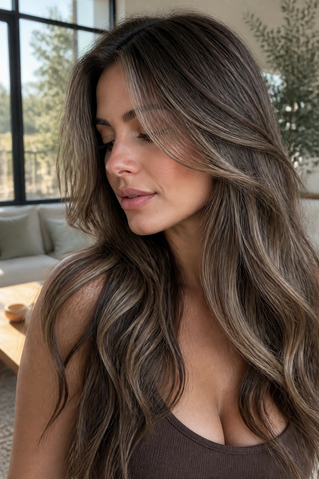 Close-up of a real woman with mushroom brown hair and a soft caramel veil in daylight.