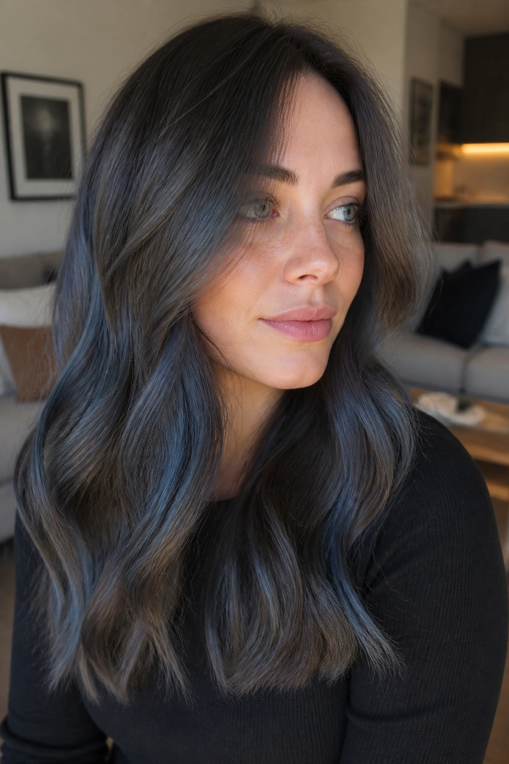 Portrait of a real woman with mushroom brown hair and steel-blue gloss, cool skin tone