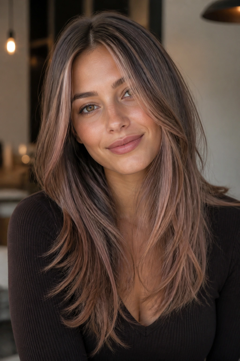 Close-up of mushroom brown hair with strawberry whisper lights