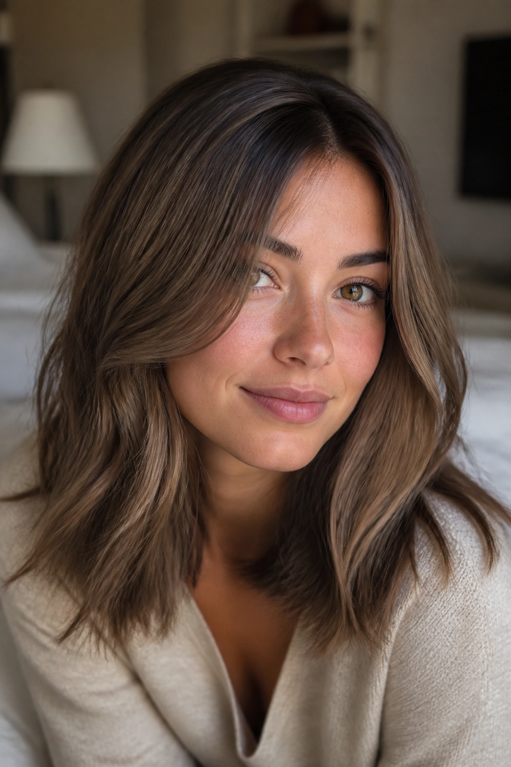 Close-up of mushroom brown veil hair framing a woman's face with soft low-contrast dimension