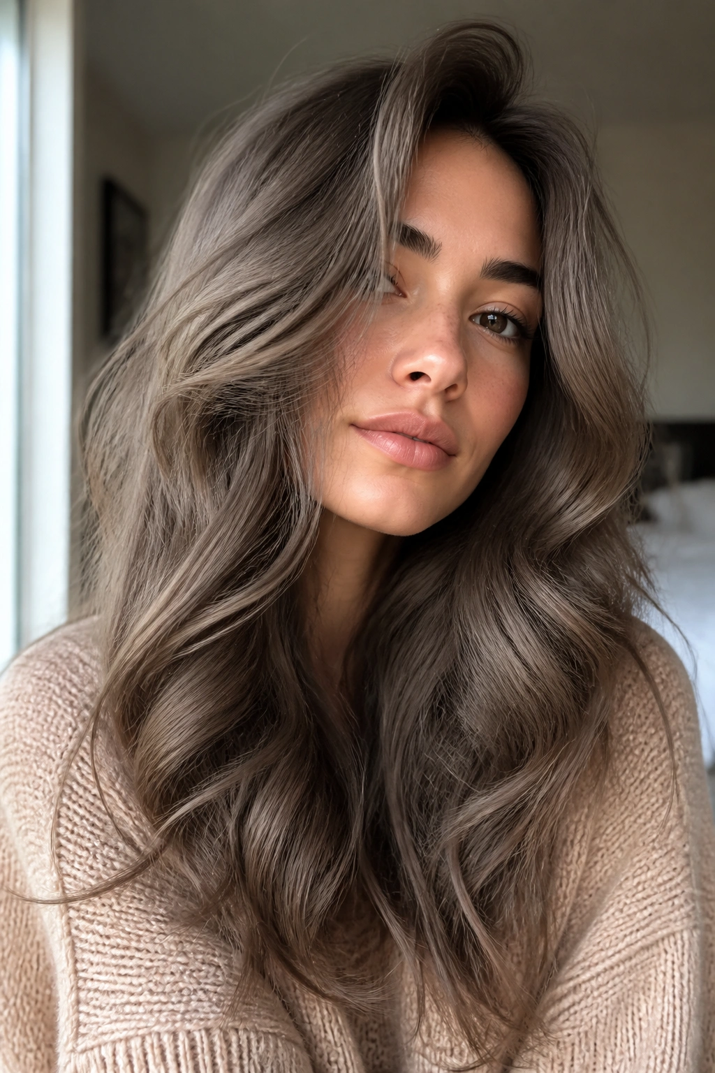 Close-up of a real woman with mushroom brown wavy hair by a window