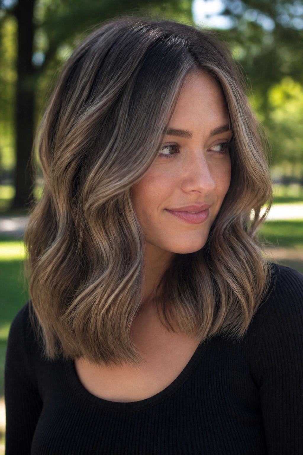 Portrait of a woman with mushroom brunette balayage on wavy mid-length hair