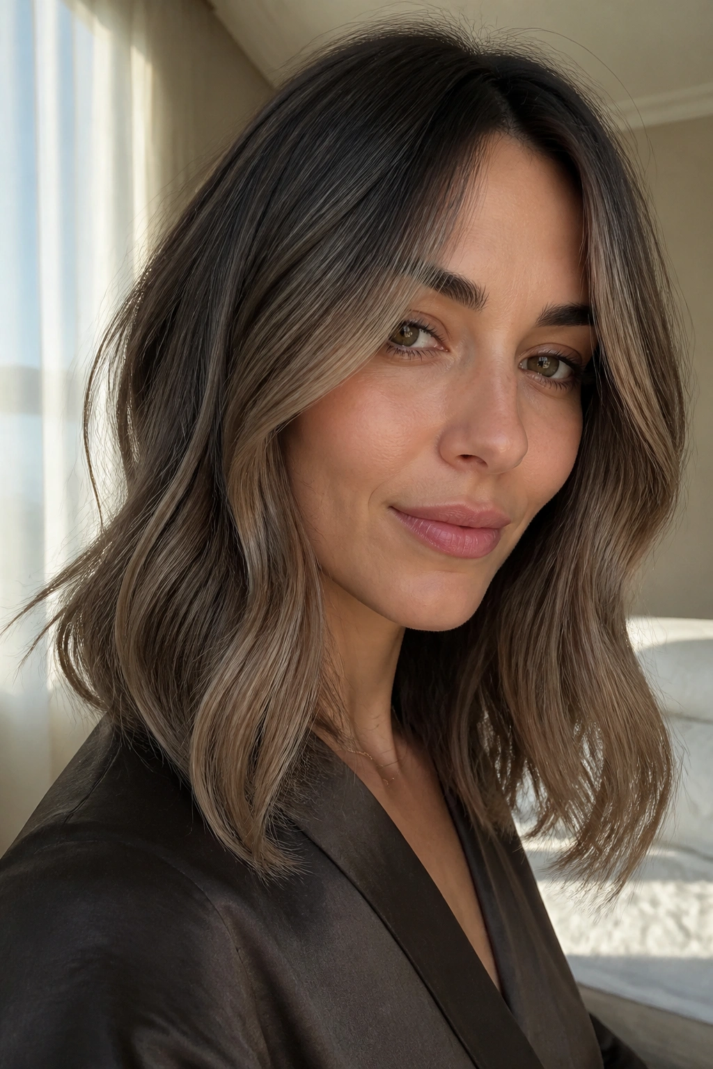 Close-up of a real woman's shoulder-length mushroom brunette hair with beige caramel veils