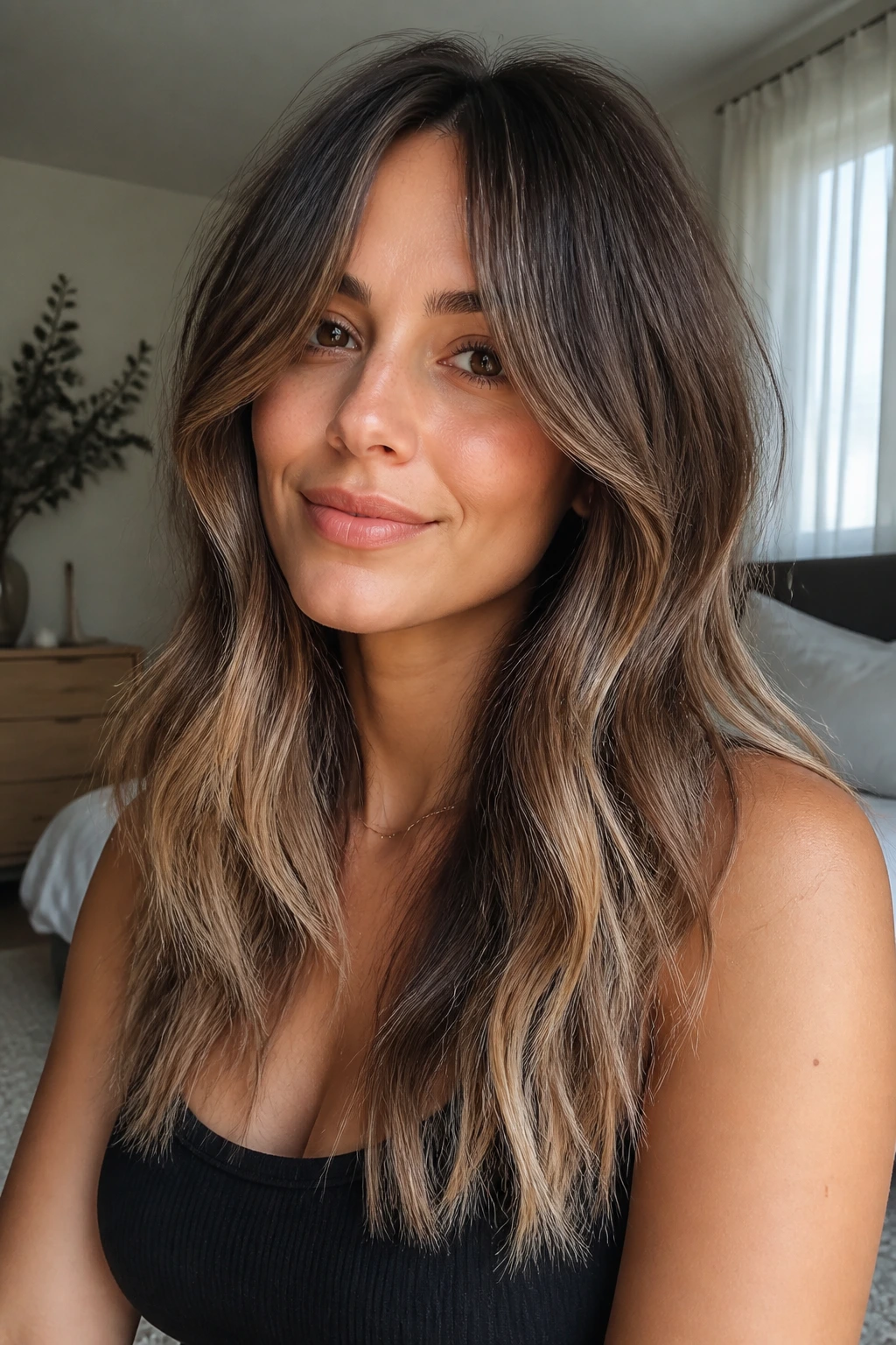 Real woman with soft mushroom brunette, beige ends, and curtain bangs