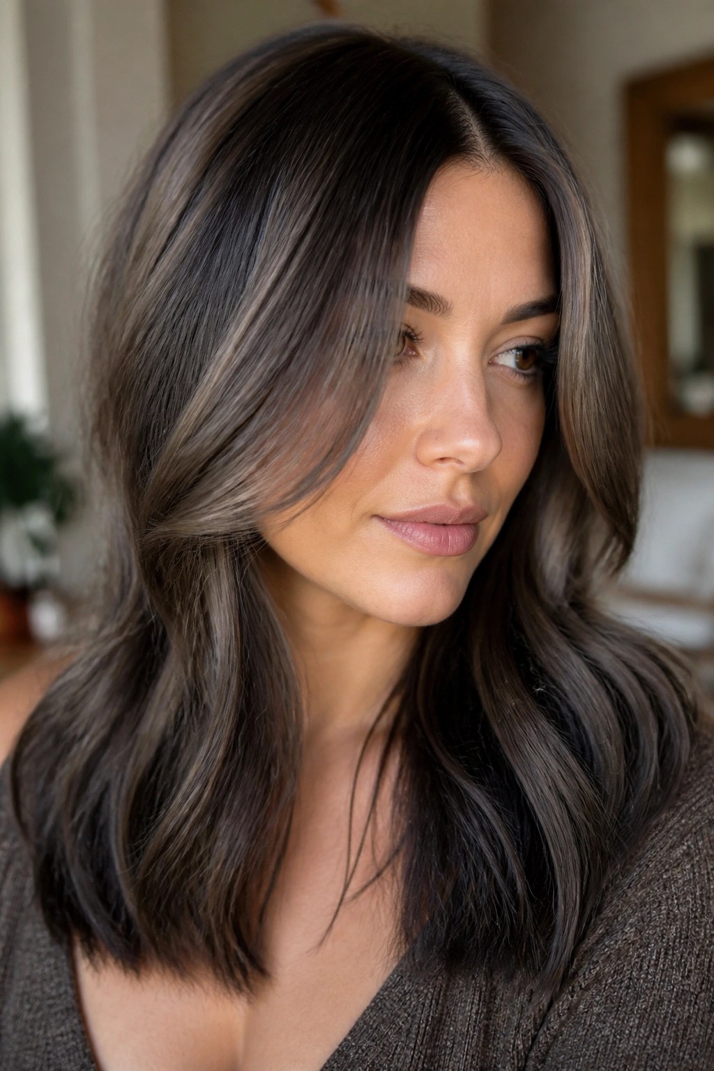 Real person portrait showing mushroom brown hair with black lowlights for depth