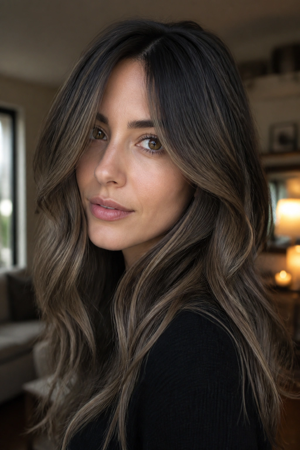 Close-up of a real woman with mushroom brunette hair, soft cool undertones and depth