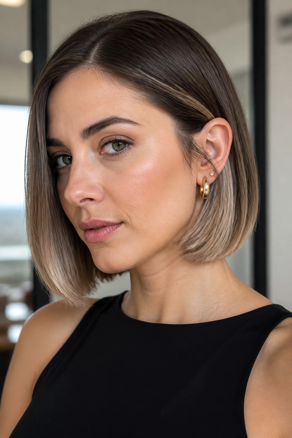 Close-up portrait of a person with mushroom brunette bob and frosted tips in bright interior light