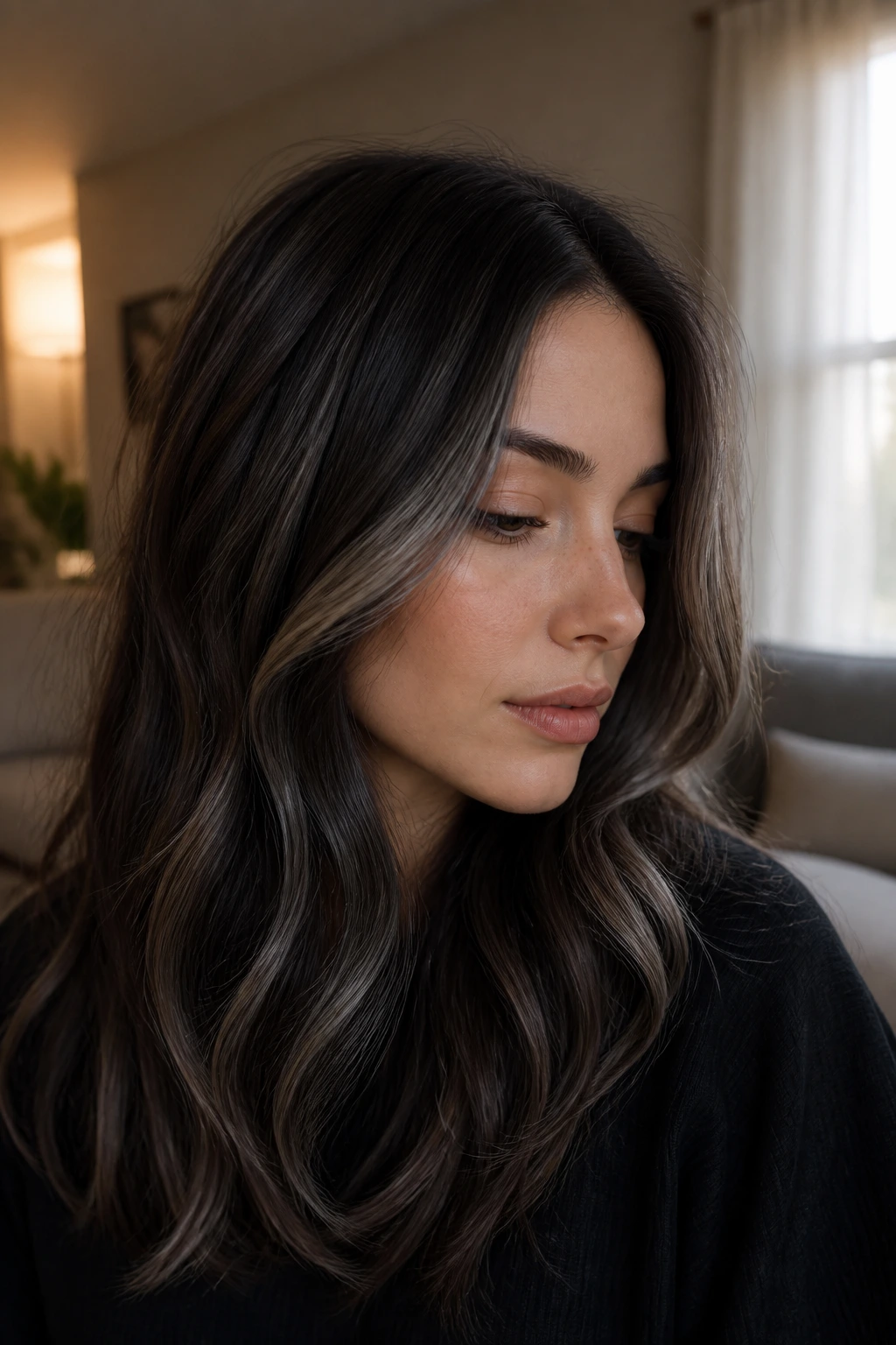 Close-up portrait of a real woman with mushroom brunette hair and whisper-gray ribbons catching light
