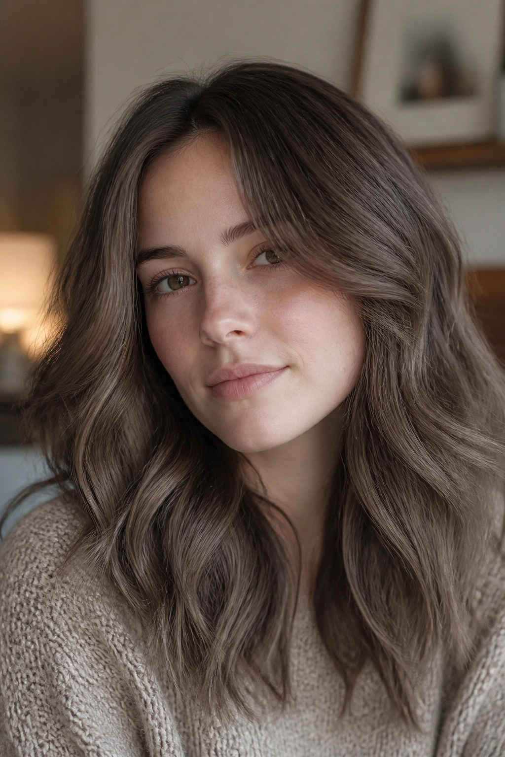 Close-up portrait of real person with mushroom brunette hair in taupe-ash tones