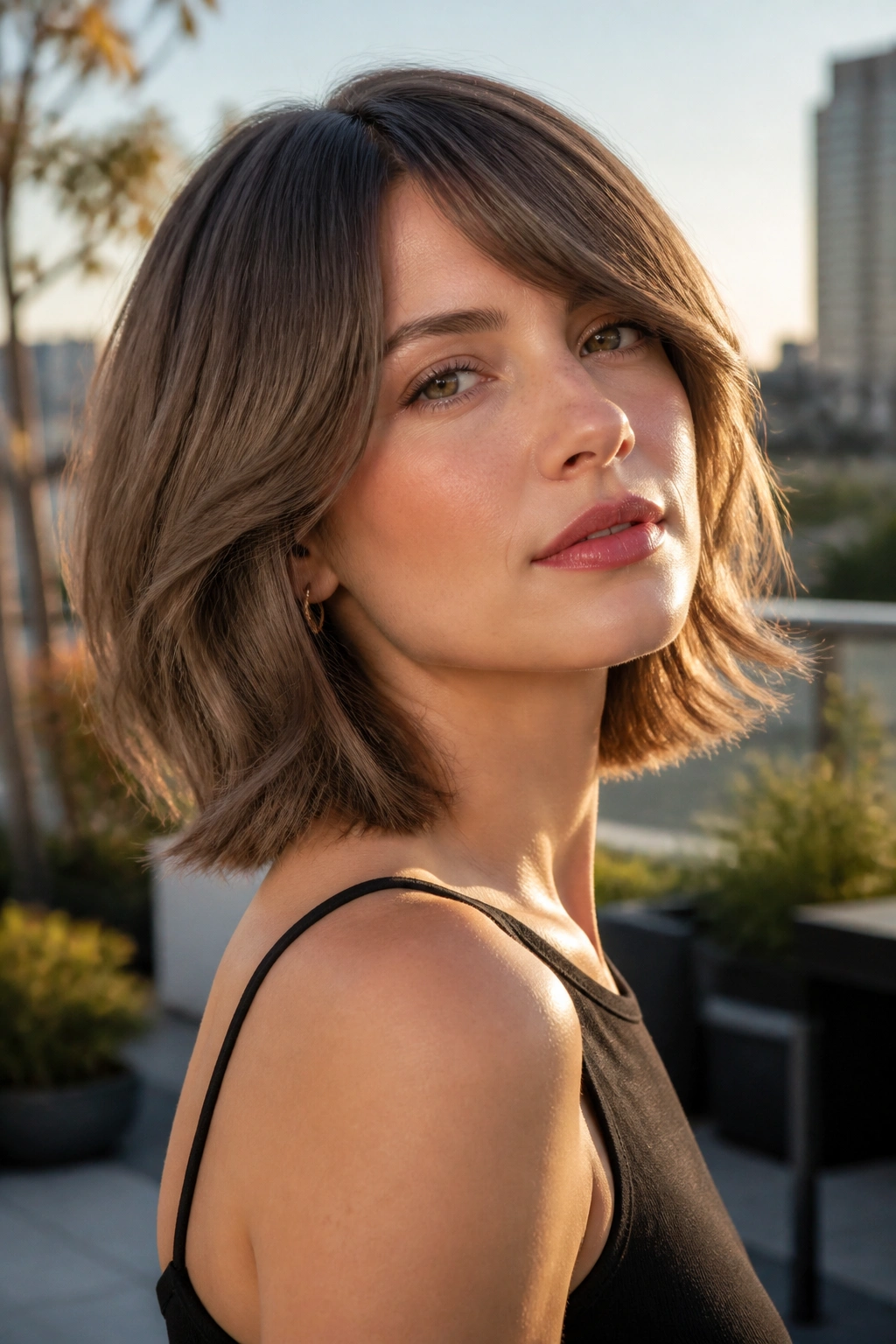 Close-up of a real woman with mushroom brunette lob and airy ends.