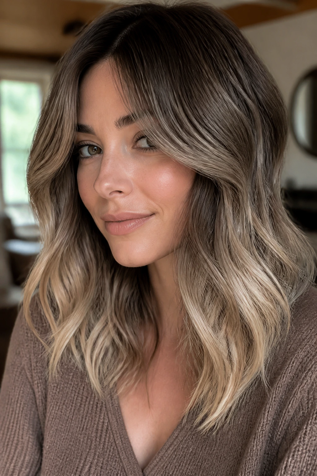 Close-up portrait of a woman with mushroom brunette and melted beige ends