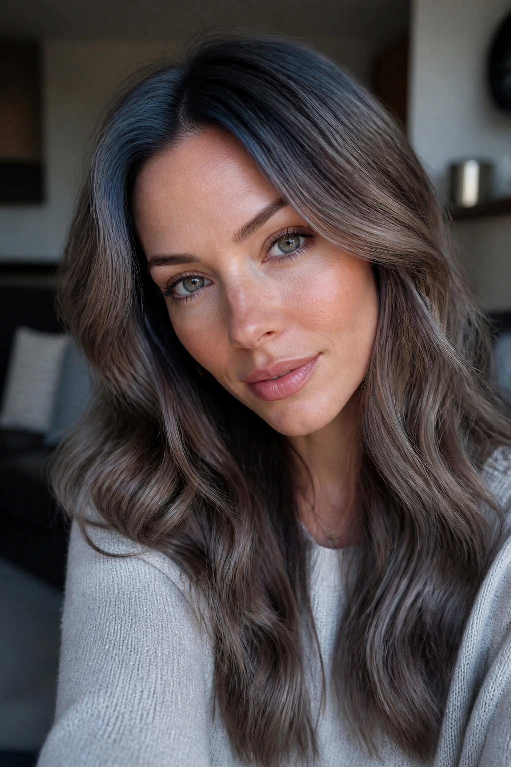 Close-up portrait of a real woman with mushroom brunette and an ocean-tinted shadow root.
