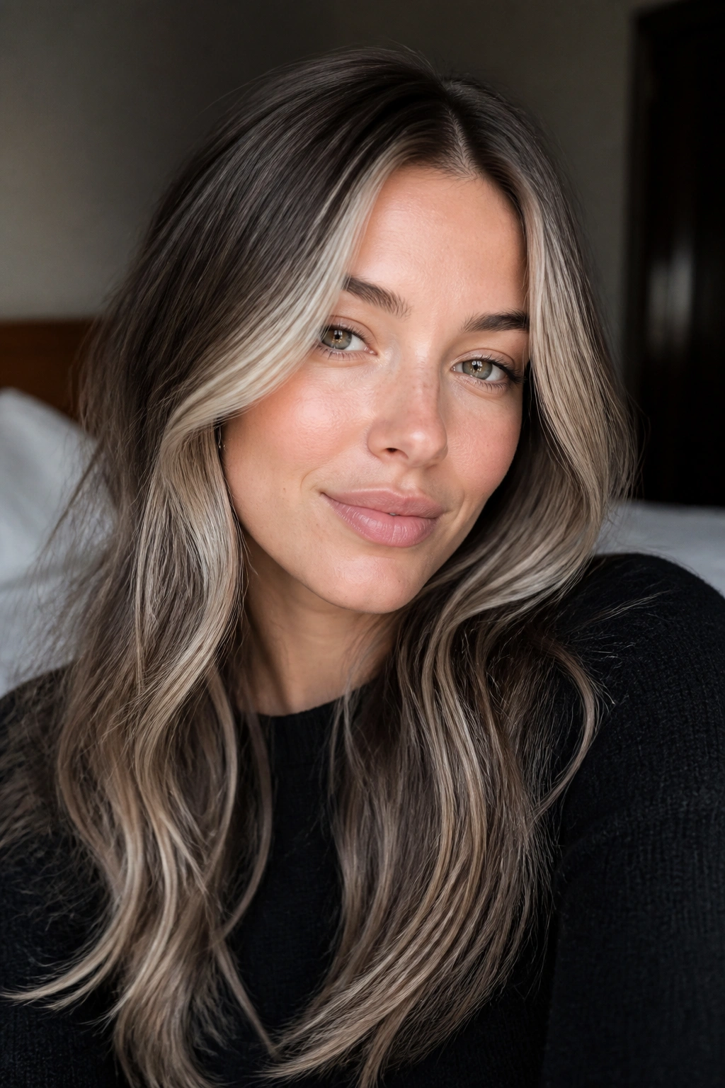 Close-up of a real woman with mushroom brunette base and pearl blonde face-framing pieces.