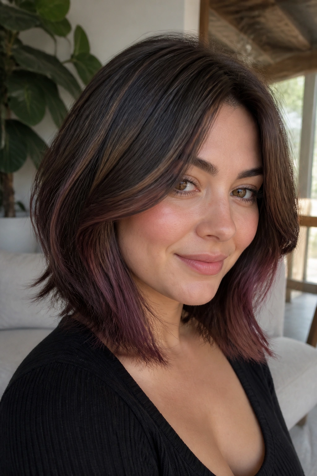Close-up of a real woman with mushroom brunette and plum ends