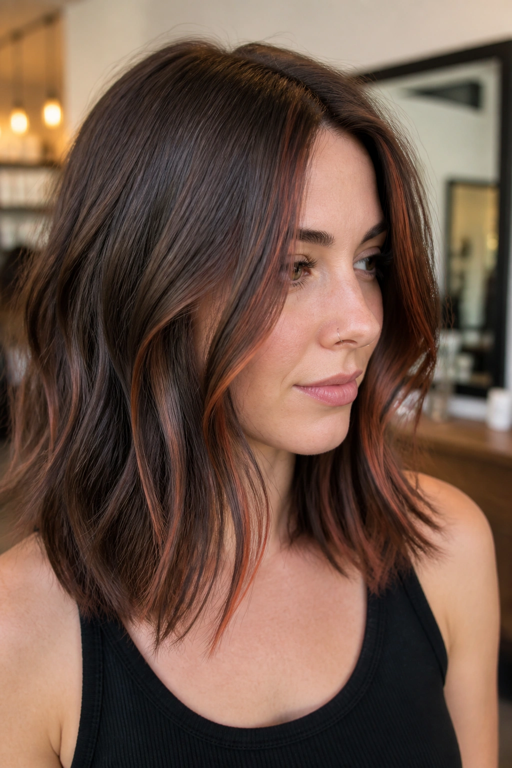 Close-up of a real person with mushroom brunette base and auburn copper ribbons.