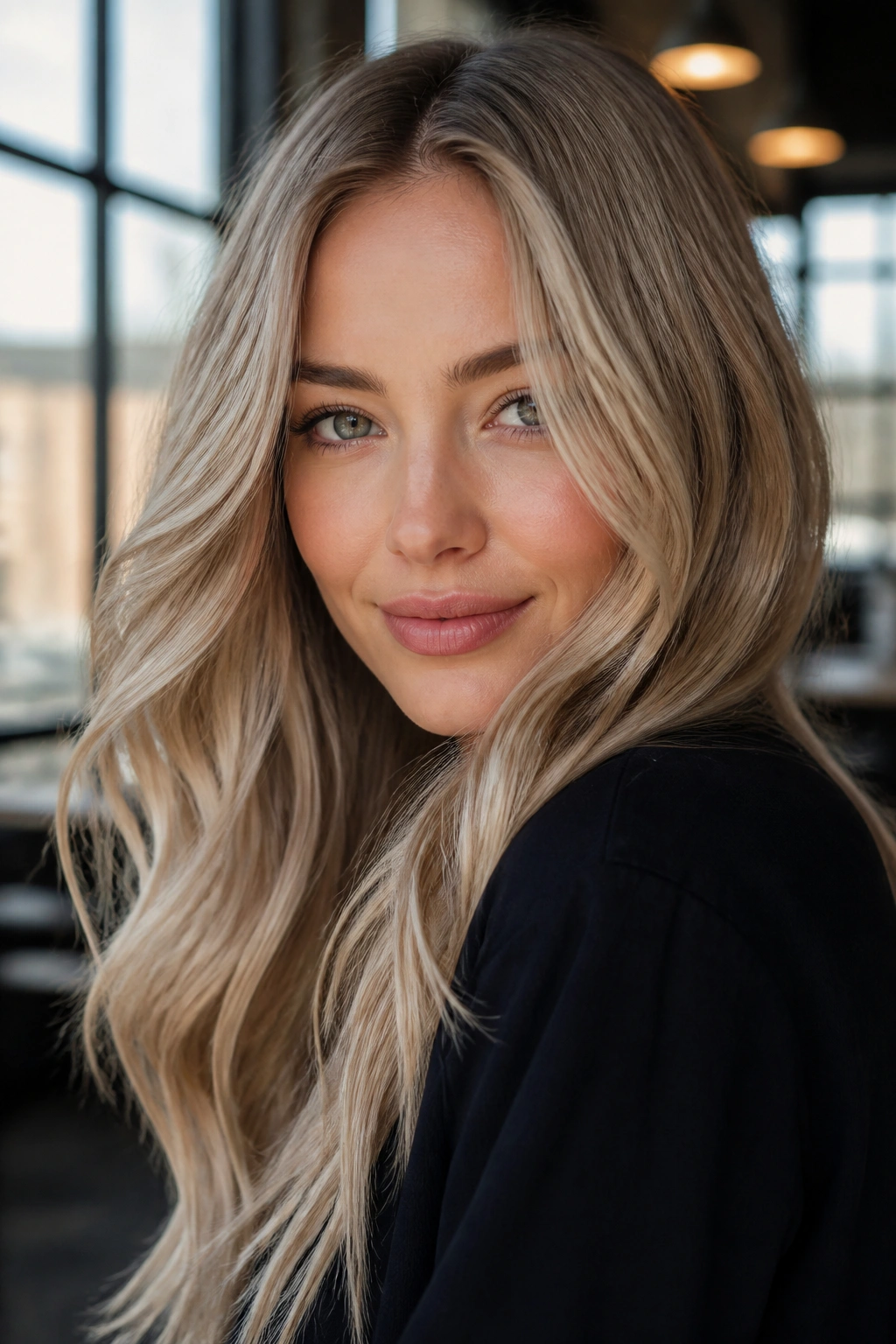 Close-up of a woman with mushroom butter blonde in an urban sunlit setting