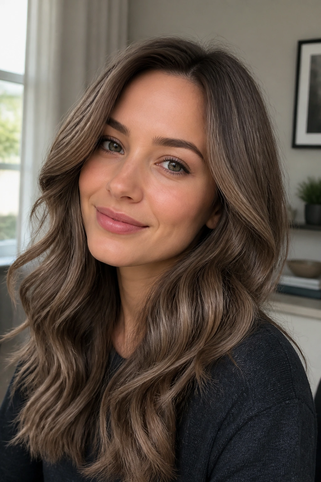 Close-up of a woman with mushroom caramel gloss on brunette hair