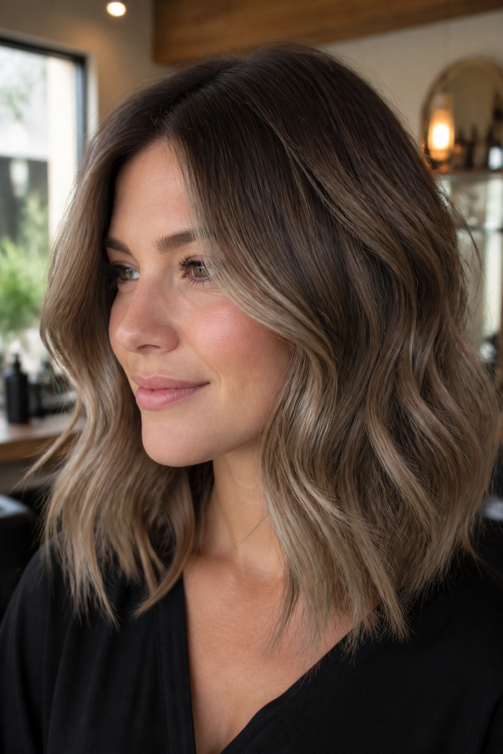 Portrait of woman with mushroom caramel hair and soft shadow root.