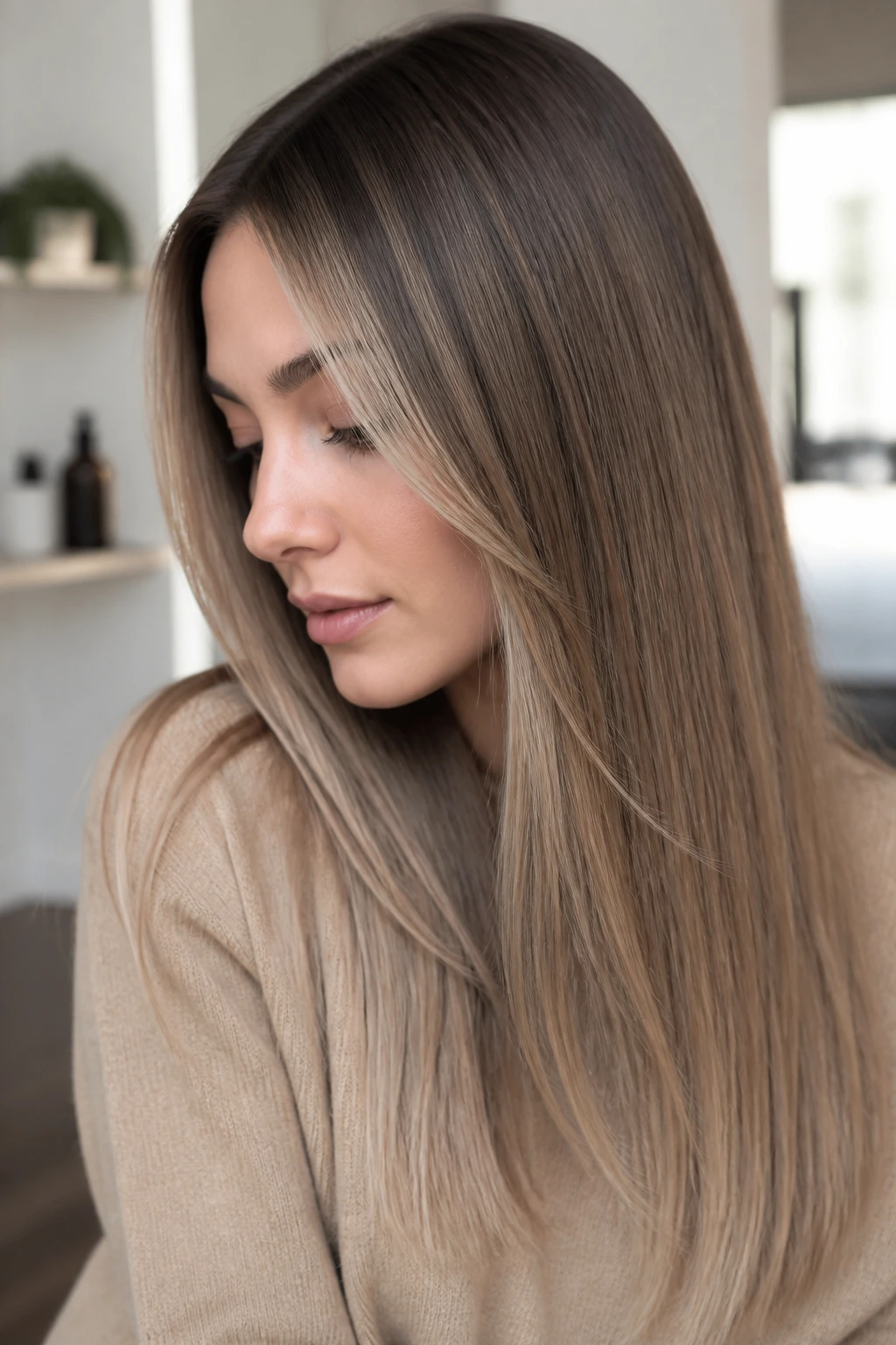 Close-up of a woman with mushroom caramel melt on straight hair.