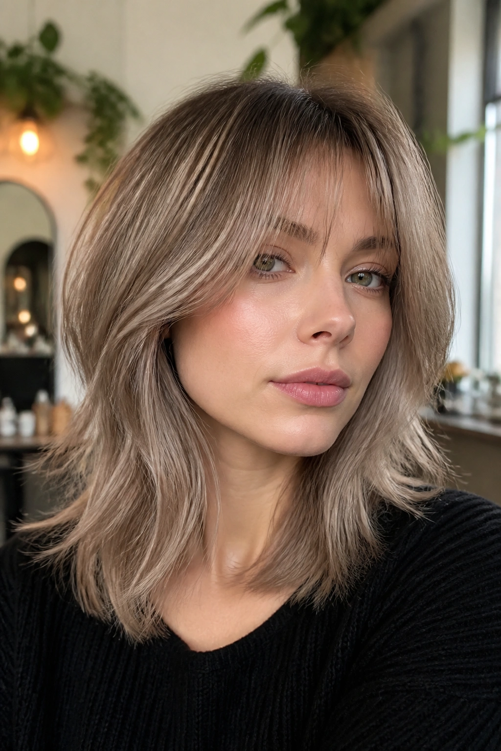 Close-up portrait of a real woman with mushroom champagne blonde shag haircut