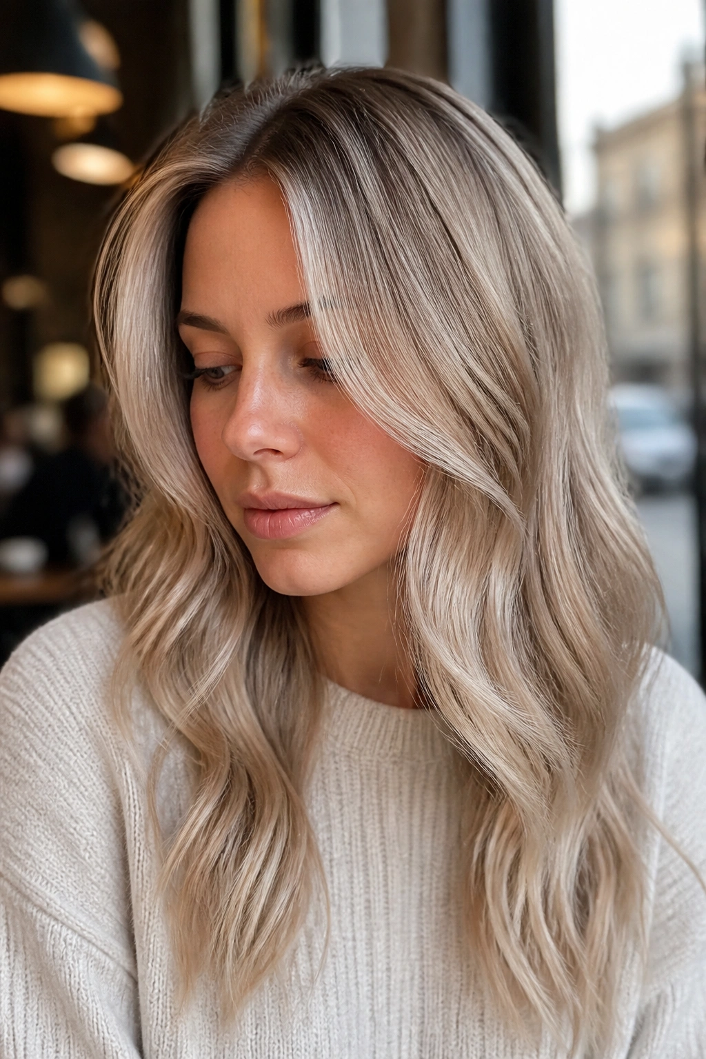 Close-up of a real woman with mushroom champagne blonde hair color, taupe beige with silver edge