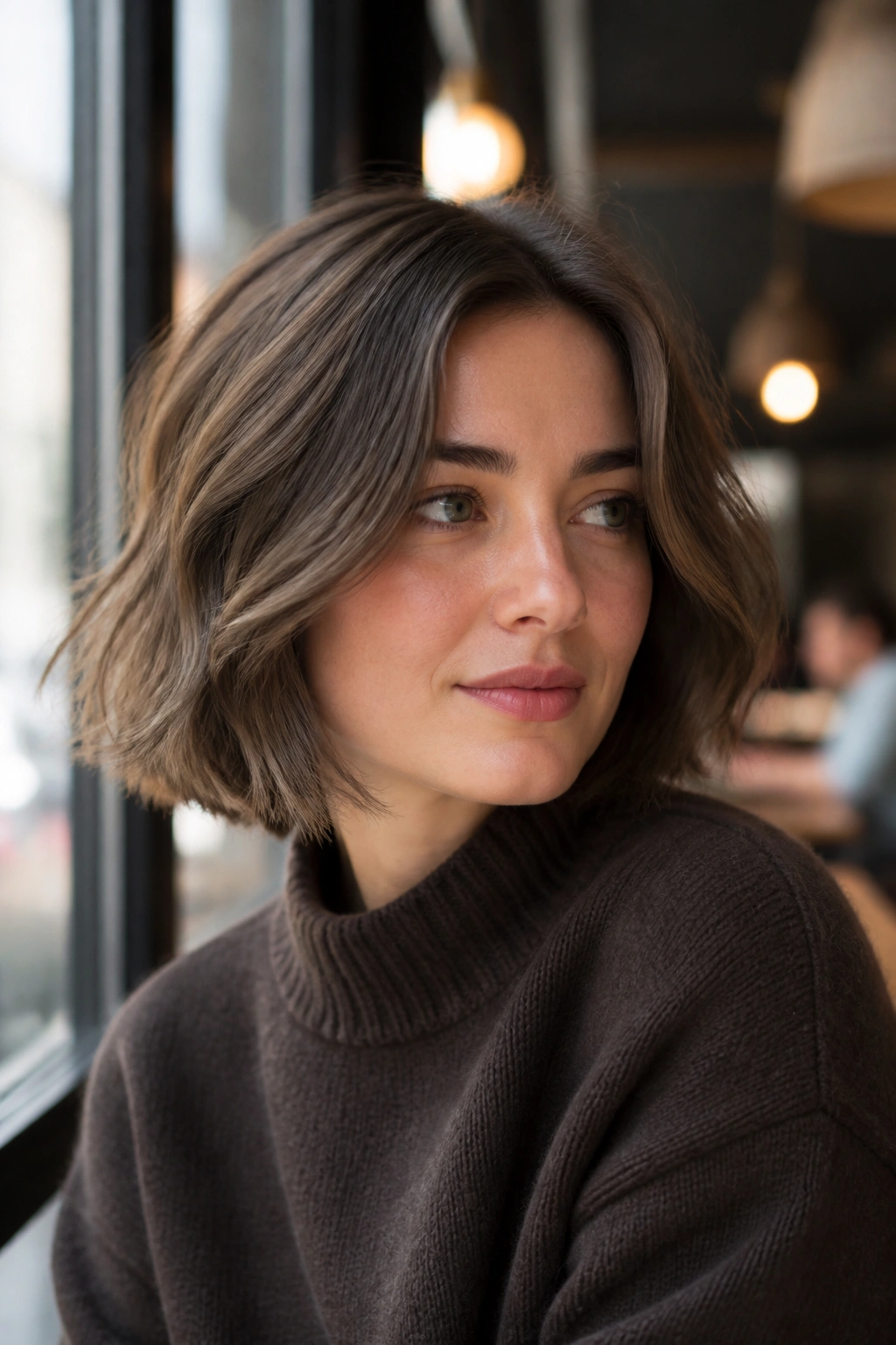 Portrait of a woman with mushroom chestnut bob in soft beige tones