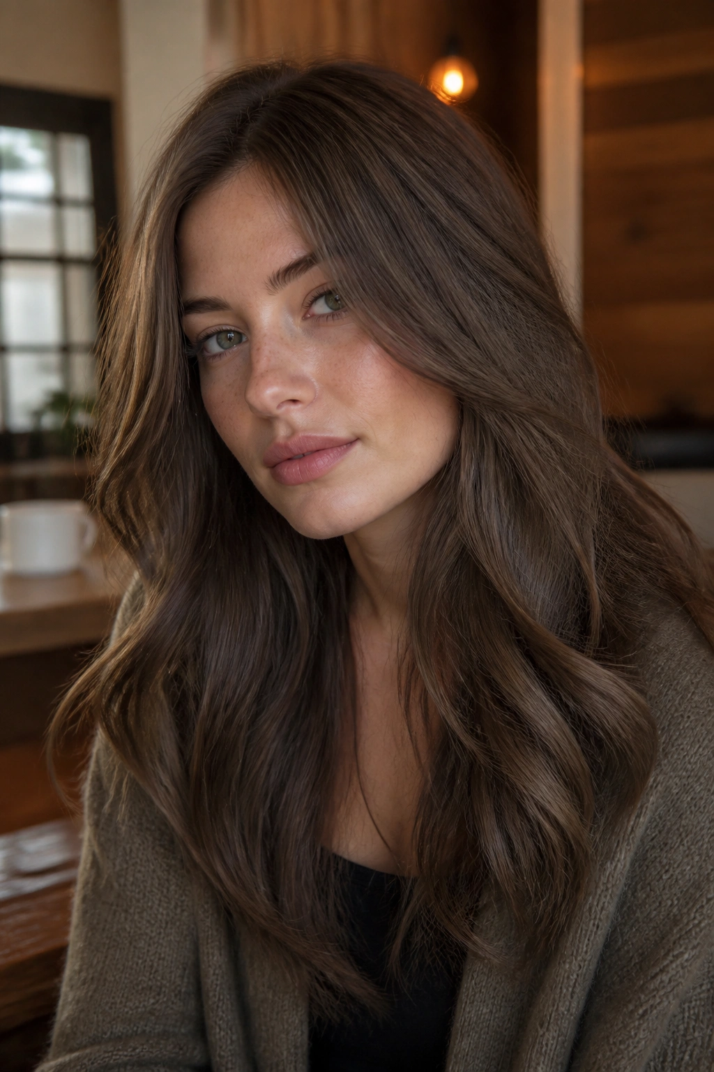 Close-up of a person with mushroom chestnut brown hair and smoky undertone