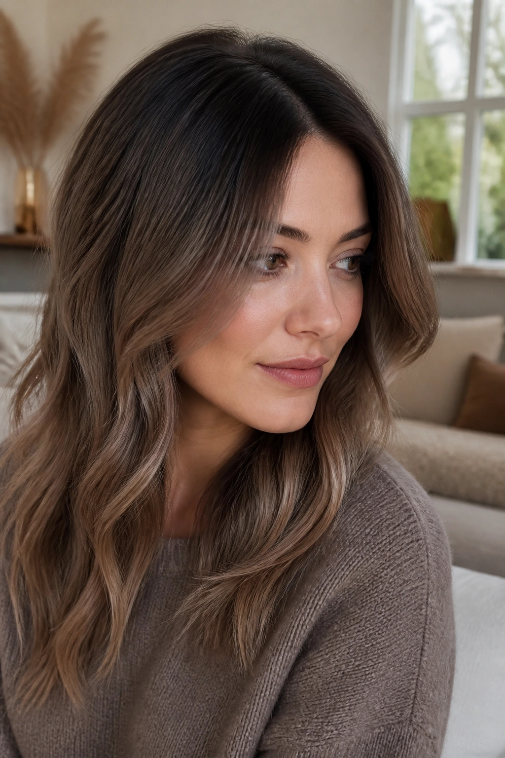 Portrait of a woman with mushroom chestnut hair with a soft shadow root in natural daylight