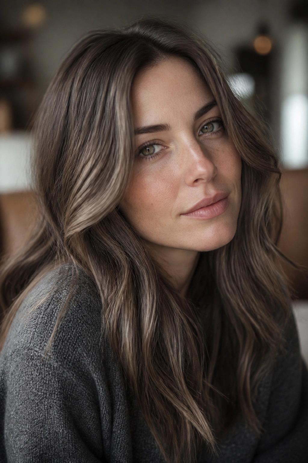Close-up portrait of mushroom chocolate brown hair on a real woman with taupe-ash tones