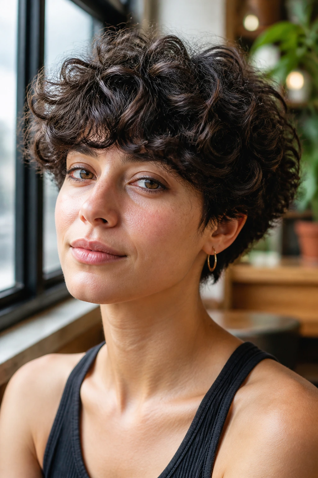 Portrait of a person with mushroom crop and separated ringlets.