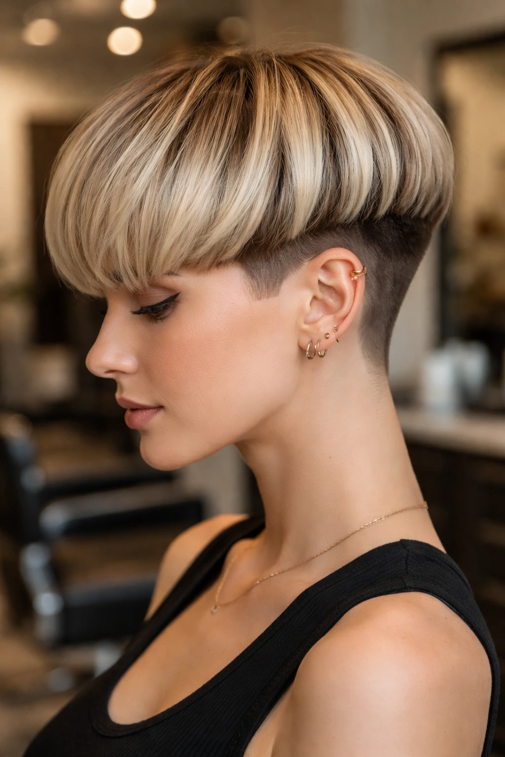 Portrait of a person with a mushroom cut featuring blonde panels and undercut