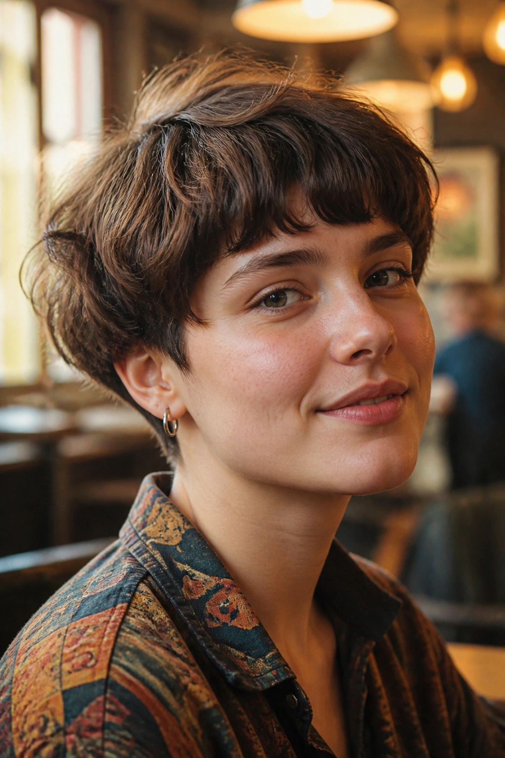 Close-up portrait of a real person with a mushroom cut featuring broken edges.