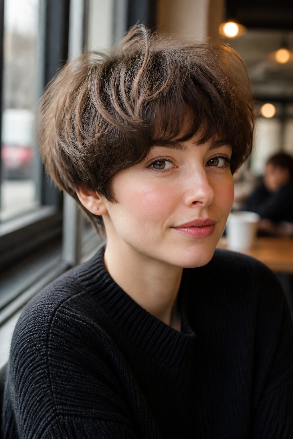 Close-up of a real woman with a textured, tousled mushroom cut.